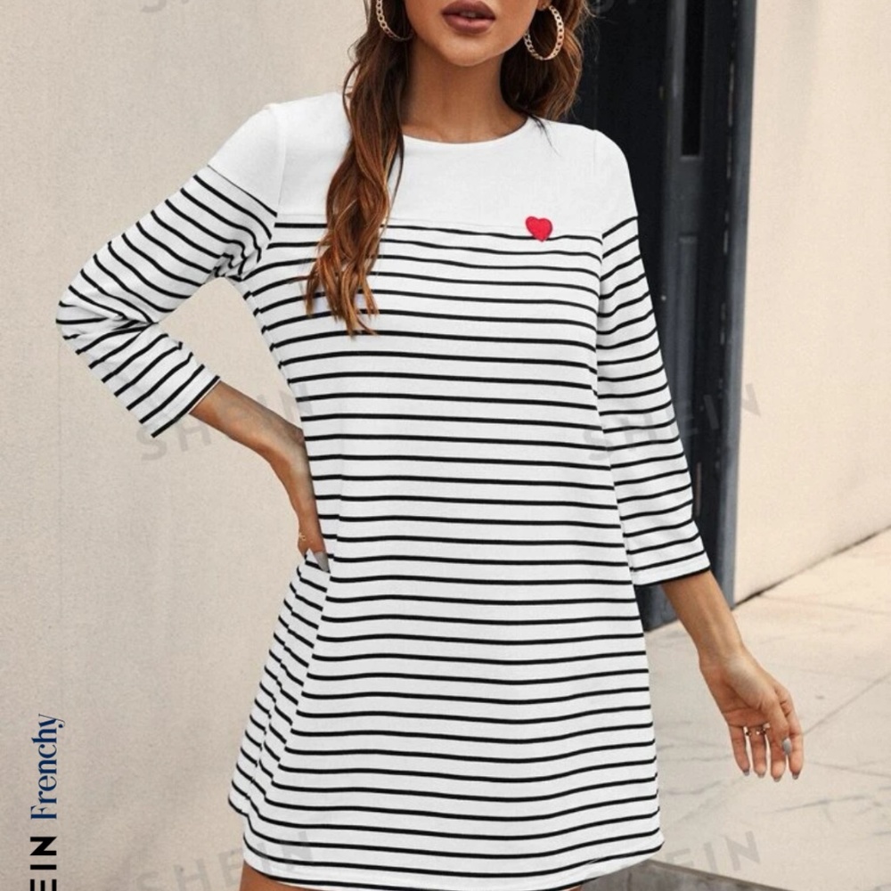 SHEIN Heart Embroidery Striped Tee Dress